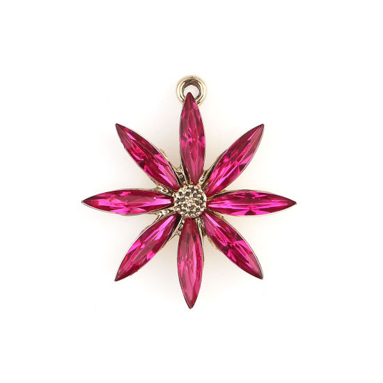 Picture of Zinc Based Alloy Charms Flower Gold Plated Fuchsia Cubic Zirconia 28mm x 26mm, 5 PCs