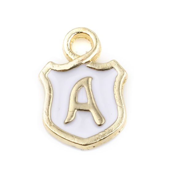 Picture of Zinc Based Alloy Charms Shield Gold Plated White Initial Alphabet/ Capital Letter Message " A " Enamel 14mm x 10mm, 10 PCs