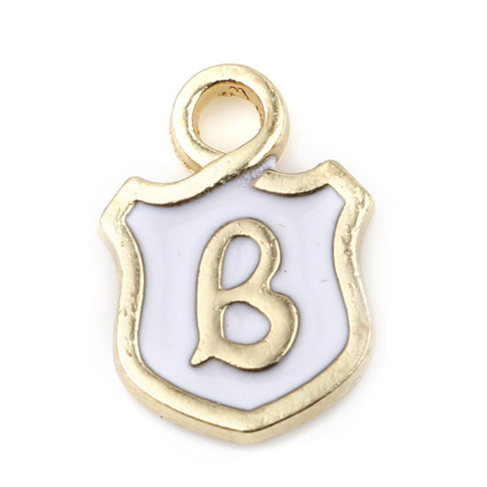 Picture of Zinc Based Alloy Charms Shield Gold Plated White Initial Alphabet/ Capital Letter Message " B " Enamel 14mm x 10mm, 10 PCs
