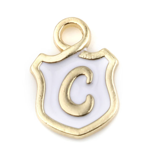 Picture of Zinc Based Alloy Charms Shield Gold Plated White Initial Alphabet/ Capital Letter Message " C " Enamel 14mm x 10mm, 10 PCs