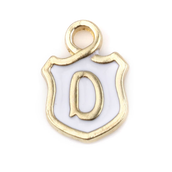 Picture of Zinc Based Alloy Charms Shield Gold Plated White Initial Alphabet/ Capital Letter Message " D " Enamel 14mm x 10mm, 10 PCs