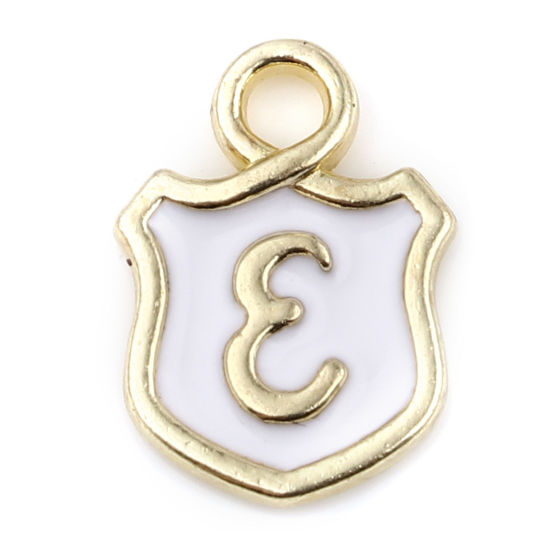 Picture of Zinc Based Alloy Charms Shield Gold Plated White Initial Alphabet/ Capital Letter Message " E " Enamel 14mm x 10mm, 10 PCs