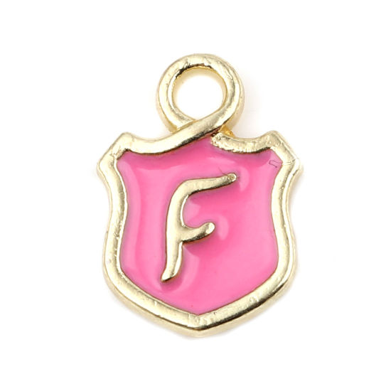 Picture of Zinc Based Alloy Charms Shield Gold Plated Pink Initial Alphabet/ Capital Letter Message " F " Enamel 14mm x 10mm, 10 PCs