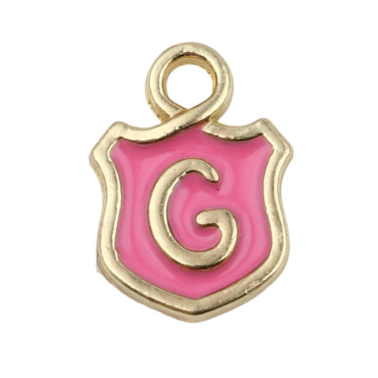 Picture of Zinc Based Alloy Charms Shield Gold Plated Pink Initial Alphabet/ Capital Letter Message " G " Enamel 14mm x 10mm, 10 PCs