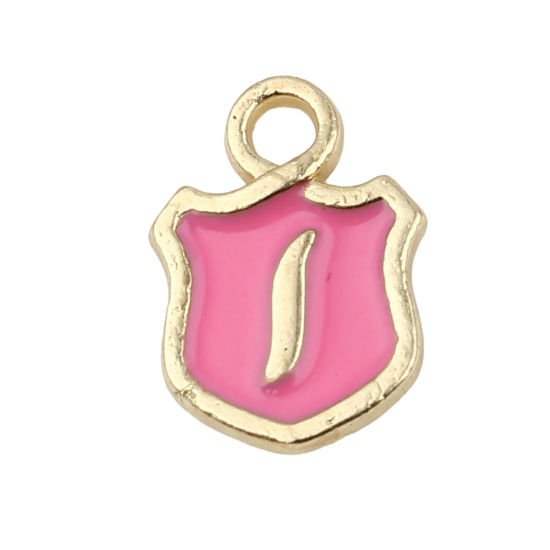 Picture of Zinc Based Alloy Charms Shield Gold Plated Pink Initial Alphabet/ Capital Letter Message " I " Enamel 14mm x 10mm, 10 PCs