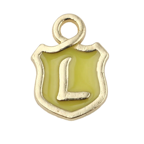 Picture of Zinc Based Alloy Charms Shield Gold Plated Yellow Initial Alphabet/ Capital Letter Message " L " Enamel 14mm x 10mm, 10 PCs