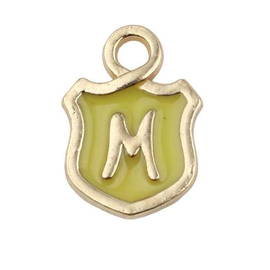 Picture of Zinc Based Alloy Charms Shield Gold Plated Yellow Initial Alphabet/ Capital Letter Message " M " Enamel 14mm x 10mm, 10 PCs