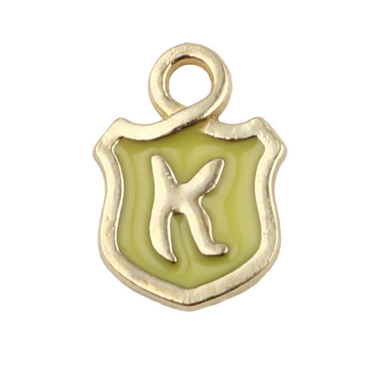 Picture of Zinc Based Alloy Charms Shield Gold Plated Yellow Initial Alphabet/ Capital Letter Message " N " Enamel 14mm x 10mm, 10 PCs
