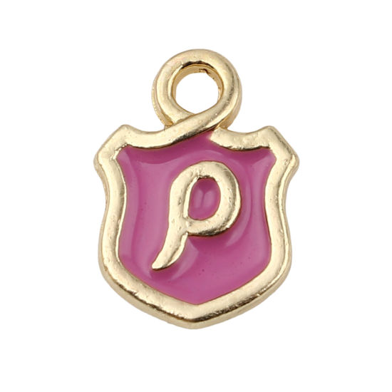 Picture of Zinc Based Alloy Charms Shield Gold Plated Pale Lilac Initial Alphabet/ Capital Letter Message " P " Enamel 14mm x 10mm, 10 PCs