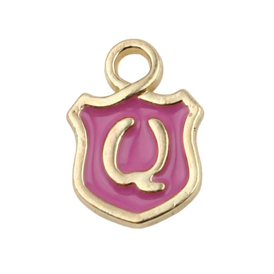 Picture of Zinc Based Alloy Charms Shield Gold Plated Pale Lilac Initial Alphabet/ Capital Letter Message " Q " Enamel 14mm x 10mm, 10 PCs