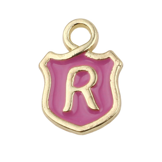 Picture of Zinc Based Alloy Charms Shield Gold Plated Pale Lilac Initial Alphabet/ Capital Letter Message " R " Enamel 14mm x 10mm, 10 PCs