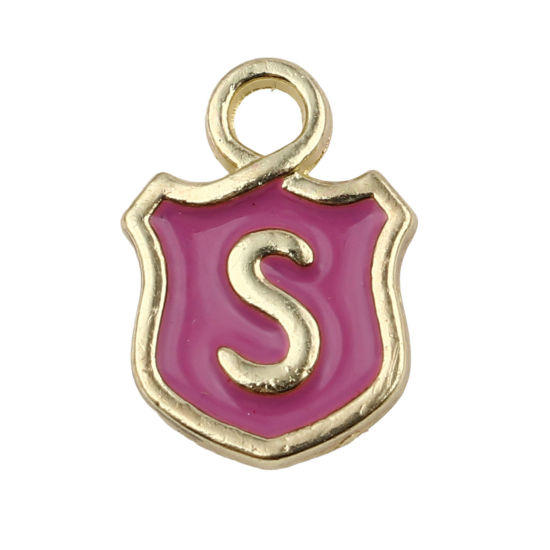 Picture of Zinc Based Alloy Charms Shield Gold Plated Pale Lilac Initial Alphabet/ Capital Letter Message " S " Enamel 14mm x 10mm, 10 PCs
