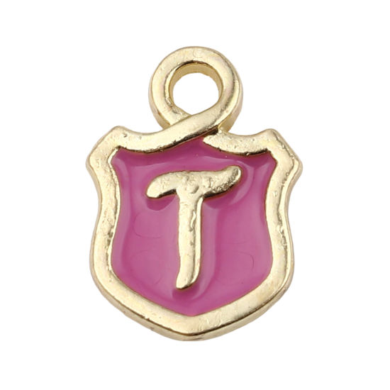 Picture of Zinc Based Alloy Charms Shield Gold Plated Pale Lilac Initial Alphabet/ Capital Letter Message " T " Enamel 14mm x 10mm, 10 PCs