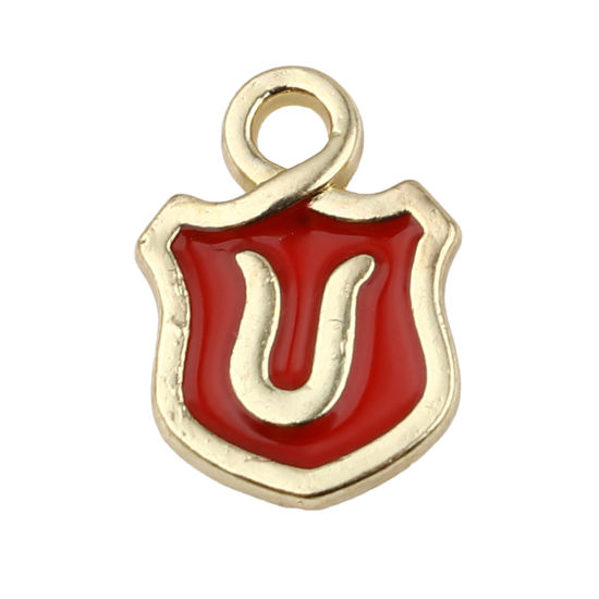 Picture of Zinc Based Alloy Charms Shield Gold Plated Red Initial Alphabet/ Capital Letter Message " U " Enamel 14mm x 10mm, 10 PCs