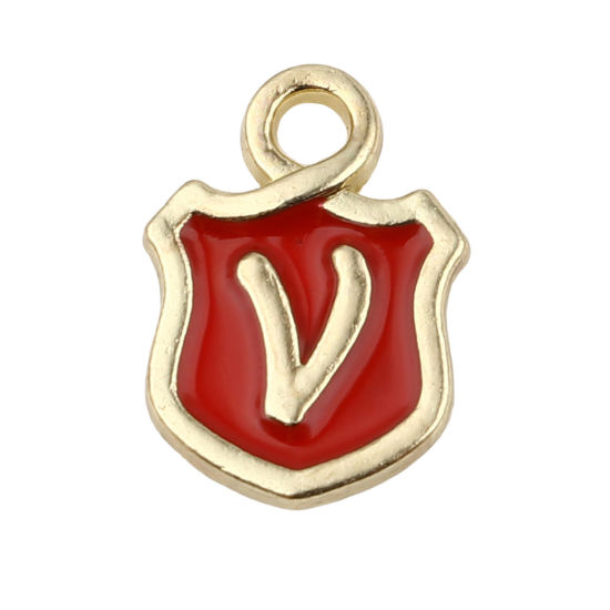 Picture of Zinc Based Alloy Charms Shield Gold Plated Red Initial Alphabet/ Capital Letter Message " V " Enamel 14mm x 10mm, 10 PCs
