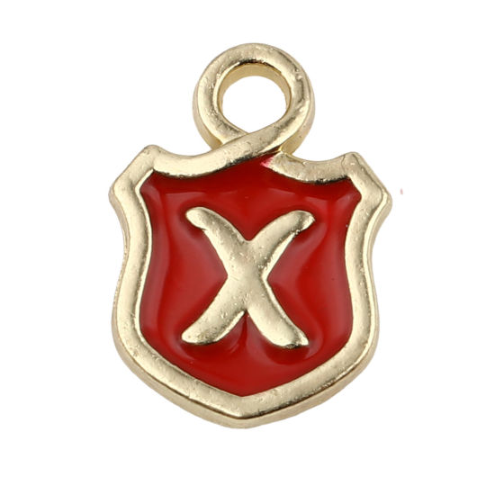 Picture of Zinc Based Alloy Charms Shield Gold Plated Red Initial Alphabet/ Capital Letter Message " X " Enamel 14mm x 10mm, 10 PCs