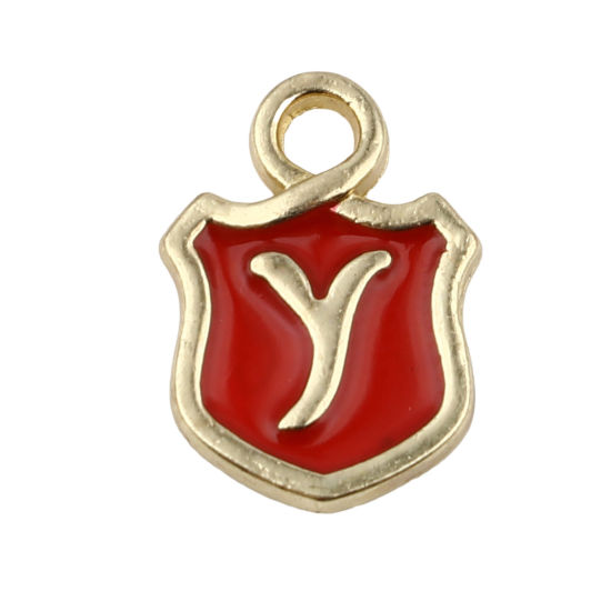 Picture of Zinc Based Alloy Charms Shield Gold Plated Red Initial Alphabet/ Capital Letter Message " Y " Enamel 14mm x 10mm, 10 PCs