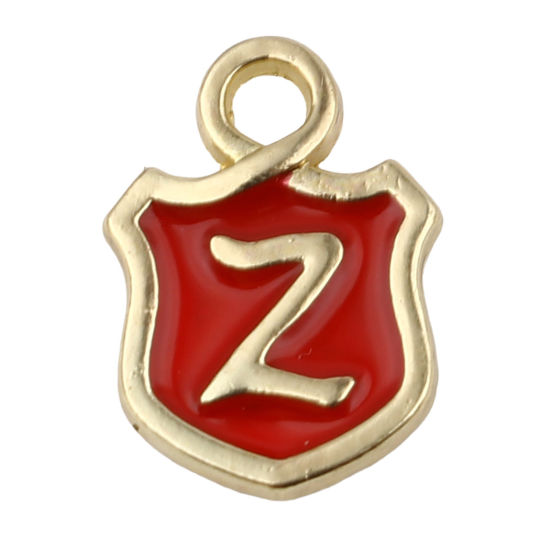 Picture of Zinc Based Alloy Charms Shield Gold Plated Red Initial Alphabet/ Capital Letter Message " Z " Enamel 14mm x 10mm, 10 PCs
