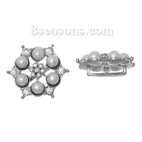 Picture of Zinc Based Alloy & Acrylic Slide Beads Flower Silver Tone Clear Rhinestone About 29mm x 26mm, Hole:Approx 15mm x3mm (Fits Cord Size: 13x3mm), 2 PCs
