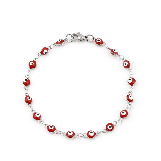 Picture of 304 Stainless Steel Stylish Bracelets Silver Tone Red Round Evil Eye Enamel 19.5cm(7 5/8") long, 1 Piece
