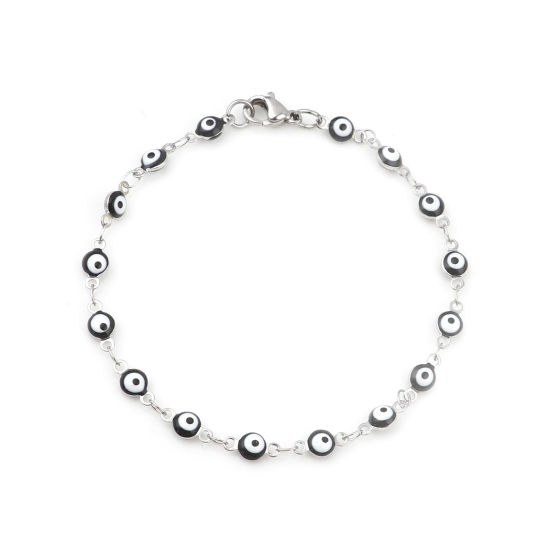 Picture of 304 Stainless Steel Stylish Bracelets Silver Tone Black Round Evil Eye Enamel 19.5cm(7 5/8") long, 1 Piece