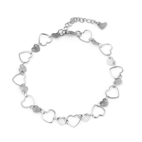 Picture of 304 Stainless Steel Stylish Anklet Silver Tone Heart 23.5cm(9 2/8") long, 1 Piece