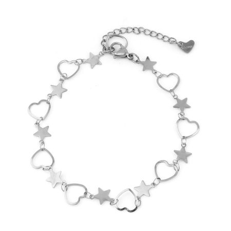 Picture of 304 Stainless Steel Stylish Anklet Silver Tone Heart Star 23cm(9") long, 1 Piece