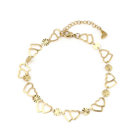 Picture of 1 Piece Vacuum Plating 304 Stainless Steel Stylish Anklet Gold Plated Round Heart 23cm(9") long