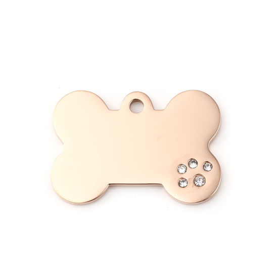 Picture of Stainless Steel Pet Memorial Blank Stamping Tags Pendants Bone Rose Gold Double-sided Polishing Clear Rhinestone 36mm x 24mm, 1 Piece