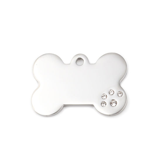 Picture of Stainless Steel Pet Memorial Blank Stamping Tags Pendants Bone Silver Tone Double-sided Polishing Clear Rhinestone 36mm x 24mm, 1 Piece