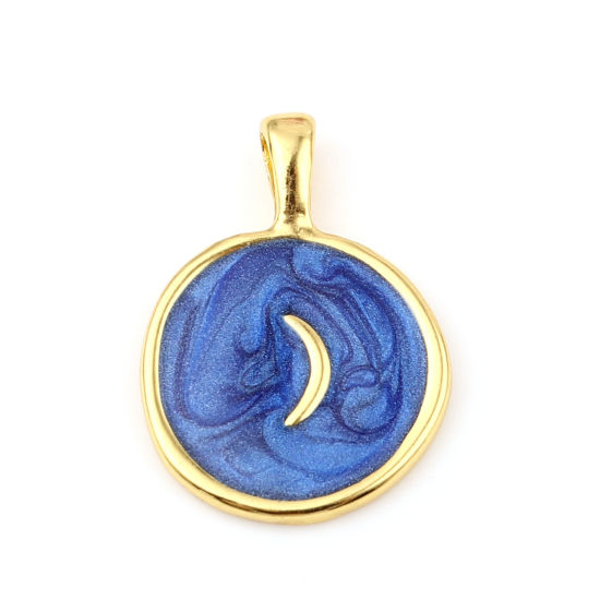 Immagine di Lega di Zinco Galassia Charms Tondo Oro Placcato Blu Luna Smalto 25mm x 18mm , 10 Pz