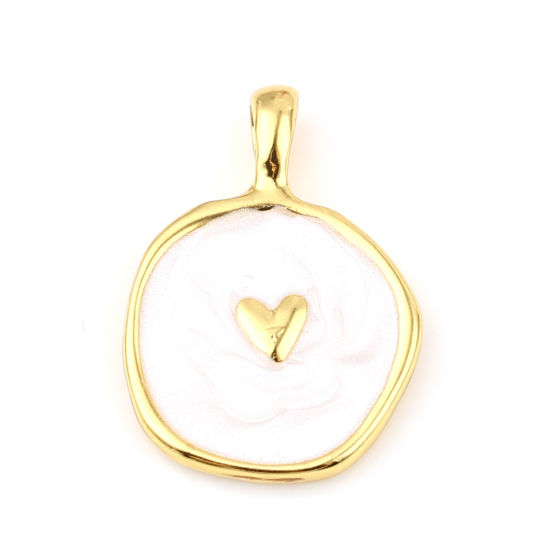 Immagine di Lega di Zinco Charms Tondo Oro Placcato Bianco Cuore Smalto 25mm x 18mm , 10 Pz