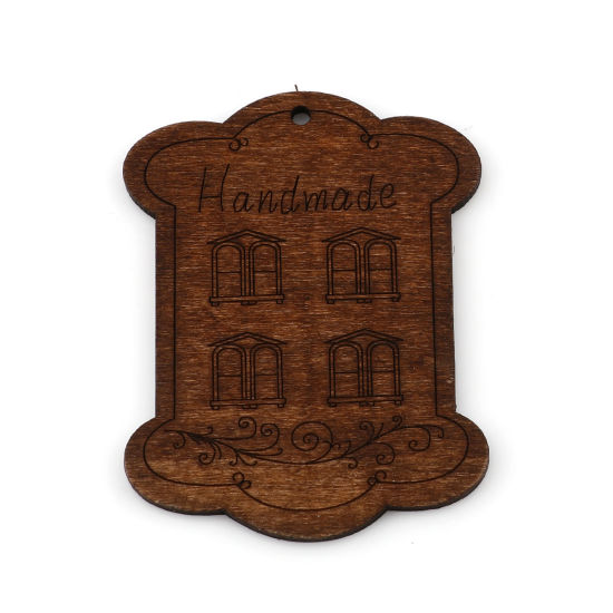 Picture of Wood Pendants Window Brown Rectangle Message " Handmade " 65mm x 54mm, 10 PCs