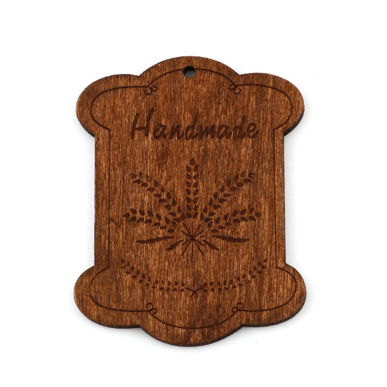 Picture of Wood Pendants Ear Of Wheat Brown Rectangle Message " Handmade " 65mm x 54mm, 10 PCs