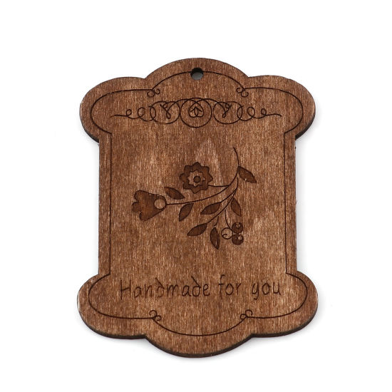 Picture of Wood Pendants Irregular Brown Flower Message " Handmade fou you " 65mm x 54mm, 10 PCs