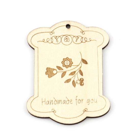 Bild von Holz Anhänger Unregelmäßig Hellgelb , mit Blumen Message " Handmade fou you " 65mm x 54mm, 10 Stück