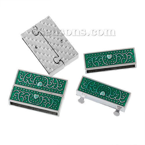 Bild von Zinklegierung + Magneteisen Magnetverschluss Rechteck Silberfarbe, Muster Muster Grün Emaille 32mm x 22mm, 2 Sets