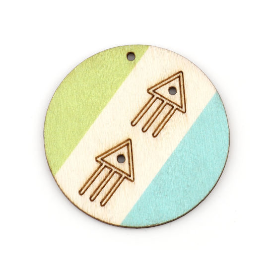 Picture of Natural Wood Pendants Round Disc Blue & Green Arrowhead 5cm Dia, 10 PCs