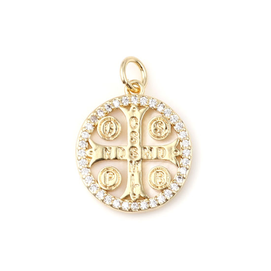 Immagine di Ottone Charms 18K Vero Oro Placcato Tondo Croce Trasparente Strass 21mm x 16mm, 1 Pz