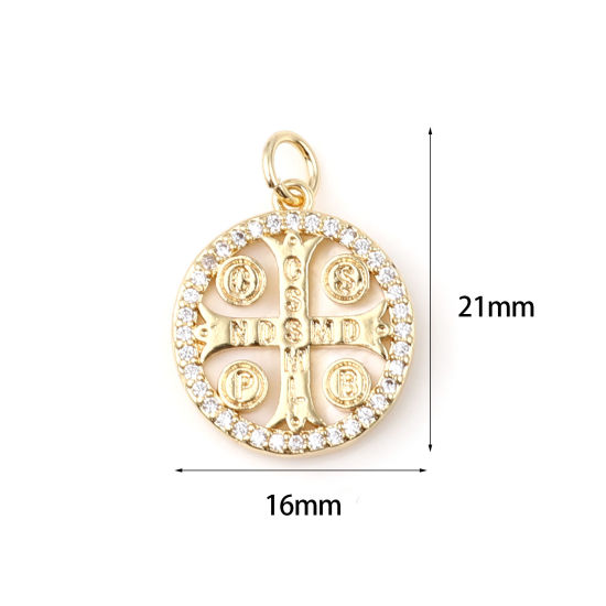 Immagine di Ottone Charms 18K Vero Oro Placcato Tondo Croce Trasparente Strass 21mm x 16mm, 1 Pz