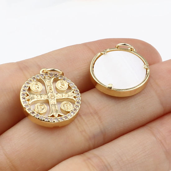 Immagine di Ottone Charms 18K Vero Oro Placcato Tondo Croce Trasparente Strass 21mm x 16mm, 1 Pz