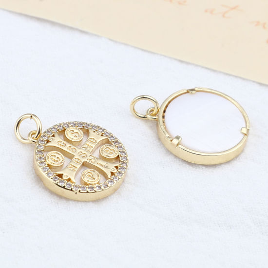 Immagine di Ottone Charms 18K Vero Oro Placcato Tondo Croce Trasparente Strass 21mm x 16mm, 1 Pz