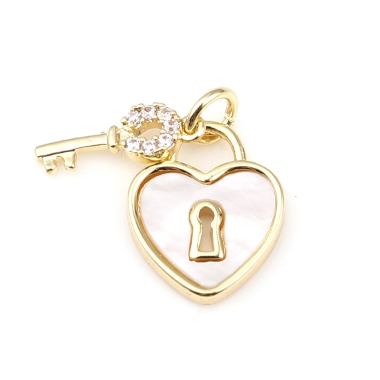 Picture of Brass Charms 18K Real Gold Plated White Heart Key Clear Rhinestone 12mm x 10mm, 1 Piece