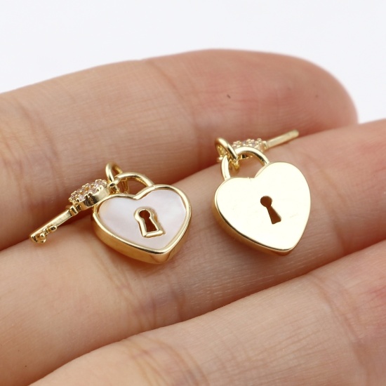 Picture of Brass Charms 18K Real Gold Plated White Heart Key Clear Rhinestone 12mm x 10mm, 1 Piece