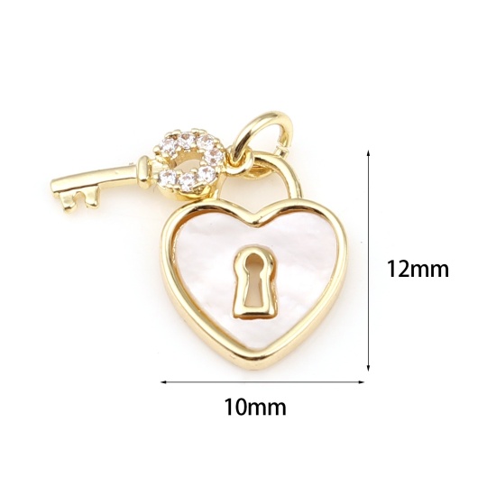 Picture of Brass Charms 18K Real Gold Plated White Heart Key Clear Rhinestone 12mm x 10mm, 1 Piece