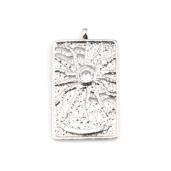 Picture of Brass Pendants 18K Real Platinum Plated Rectangle Sun Clear Rhinestone 30mm x 18mm, 1 Piece