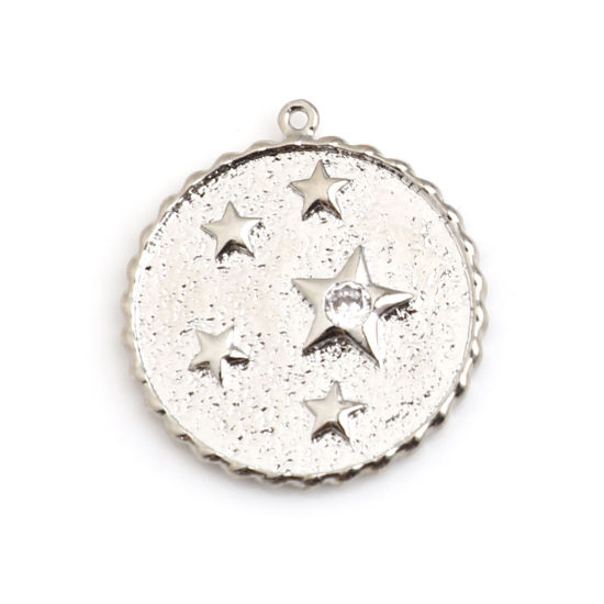 Picture of Brass Charms 18K Real Platinum Plated Round Star Clear Rhinestone 25mm x 23mm, 1 Piece