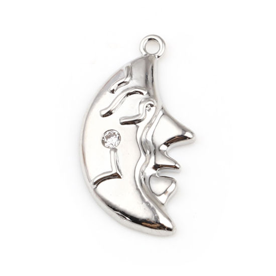 Immagine di Ottone Galassia Charms 18K Vero Platino Placcato Faccia del Luna Trasparente Strass 22mm x 12mm, 1 Pz