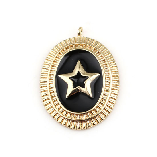 Imagen de Latón Galaxia Colgantes Charms 18K Oro Real Chapado Negro Óvalo Estrella Esmalte 24mm x 18mm, 1 Unidad