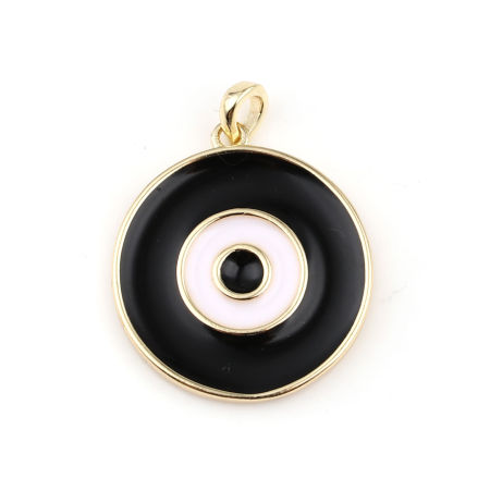 Image de 1 Pièce Pendentif Breloque en Laiton Rond Plaqué Or Véritable 18K Noir & Blanc Émail 23mm x 18mm